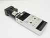 AeroTech 100-50-u-20P Accudex Motorized Linear Stage — front-right three-quarter view showing aluminum body, motor label, and AeroTech logo label on stage body