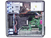 Dell OptiPlex 320 MT interior with side panel removed — motherboard, power supply, drive bays, and cabling visible