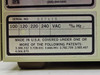 LDC ConstaMetric rating plate close-up showing SERIAL NO. 007418, voltage options 100/120/220/240 VAC 50/60 Hz, and MADE IN U.S.A. with patent numbers