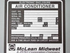 McLean Midwest AH30-0516-001 rating plate showing model number, serial number, BTU ratings, voltage, phase, FLA, and refrigerant specs