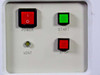 Close-up of front control panel showing POWER rocker switch, green START button, red STOP button, and VENT indicator