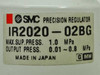 SMC IR2020-02BG rating label close-up: model number, max supply 1.0 MPa, output 0.01–0.8 MPa, Made in Japan
