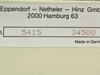 Eppendorf 5415C rating plate close-up showing model 5415, serial 34500, Made in Germany — Eppendorf Netheler Hinz GmbH Hamburg