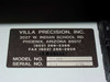 Villa Precision Inc name plate showing Model No. GS-210, Serial No. 2021, dated 7/95, Phoenix Arizona manufacturer label