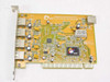 SIIG JU-CP4112 PCI USB card front — showing 3 USB-A ports on left edge, 1 USB-A port top-right, SIIG controller chip, and V1.0 PCB marking
