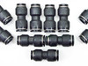 Grid of approximately 12 black SMC straight union push-to-connect fittings showing two sizes