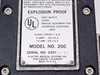 Close-up of Electro Medical 200 rating label: Explosion Proof, UL Listed Medical Equipment for Hazardous Locations 228G, Class I Group C & D, 5A 125VAC, 0.5A 125VDC, made in USA