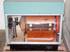 LFE PDS-501 barrel etch system — front-left view with main chamber door open, exposing full barrel reactor, copper shielding, and lower base assembly on pallet