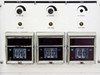 LFE PDS-501 control panel — lower section showing three process zones (Clean, Etch, Strip) each with RF Power rotary control, Gas Flow indicator lamp, and Eagle Signal electromechanical Min:Sec timer displays