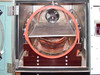 LFE PFS/PCrE/PDS-501 — front view with main door fully open showing complete barrel reactor chamber with large circular red-sealed door opening, perforated sample tray, and copper RF shielding surround