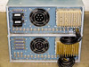 Rear panel view of two stacked Tektronix 1140A units — showing large cooling fans, Centronics connectors, BNC output ports, transformer module, and gold finned heatsink/amplifier assembly