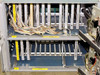 Interior of 1340 Data Coupler / Station Control chassis with cover open — card cage showing labeled plug-in modules including System Control, Programmer Clock, Multi-Vibrator, Pulse Controller, Data Controller, and GPIB Controller Interface cards with ribbon cable harnesses