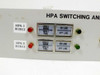 C14922 HPA Switching Monitor front panel close-up showing HPA 1 R1B12 and HPA 2 R1B13 Norm/Fail and On Line/Off Line indicator buttons with red and green pilot lights