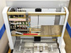 BioRobot 8000 rear interior showing robotic head on linear rails, control PCB, and label with serial number 3578 and tech support number 800-DNAPREP