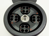 Tomy TMS-4 centrifuge rotor interior showing 4 swing buckets each with 4 tube positions numbered in red, stainless hub