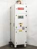 Lanco LTX08 plastics dryer front view — white cabinet with red LANCO logo, LCD control panel, red emergency stop button, and 480V warning label, on casters