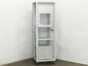Nimbus NSD360-3 38U 19in rackmount cabinet open front view showing three adjustable perforated shelves on locking casters