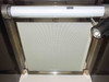 Underside of flow hood showing HEPA filter panel (Air Tech SS-MAC MAC-101) with fluorescent tube lamp and spot lamp