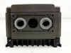 Fuji Electric FVR-E9S — bottom view showing three conduit knockout openings and mounting rail/foot