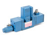 Moog D661Z274XX Servo Jet Proportional Control Valve — three-quarter front-left view showing blue valve body, DIN solenoid connector, and multi-pin circular connector