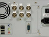 Fraunhofer IIS DT500 – close-up of rear BNC connector panel showing 10 MHz Ref, I, IF/IQ, ASI, ClockOut, DataIn labels, plus DB9 serial and power supply label