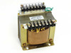 Hirao Denki 230VA single-phase transformer – front-left view showing label, terminal blocks, and copper core winding