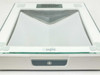 Close-up front edge of Insight 1380 scale showing Insight logo, glass platform edge, and cue light activation button