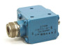 RF Coaxial Isolator 110715-01 27338 — angled view showing N-type female connector and part number label with S/N 826445