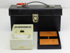 Monroe Electronics Model 267 Buried Layer Tester shown with black carrying case open and sample plate tray, front view
