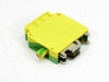 Phoenix Contact USLKG 35 PE terminal block – angled side view showing screw clamp connection and green/yellow wire entry