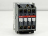 ABB A9-30-01 contactor relay front view showing 4-pole terminal layout with labels 1L1, 3L2, 5L3, 21NC on top and 2T1, 4T2, 6T3, 22NC on bottom, red ABB label, white actuator buttons
