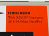 Close-up of Megahertz XJ2288 PCMCIA modem label reading PCMCIA Modem with XJack Connector 28.8/14.4 Kbps Data/Fax