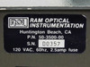Ram Optical Instrumentation ROI rating label close-up showing P.N. 50-3500-00, 120 VAC 60Hz 2.5amp fuse, Huntington Beach CA