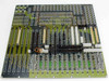 Netstal 110.240.9850D backplane board – underside solder view showing dense through-hole component population and multiple edge connectors
