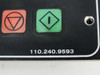 Netstal control panel lower section close-up showing part number 110.240.9593, red stop button and green start button