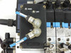 Festo IFB8-02 bus interface unit top close-up showing POWER and BUS indicator lights and two M12 circular bus connectors with blue-labeled cables