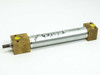 Pneumatic cylinder opposite side view with handwritten markings on barrel and threaded rod end visible