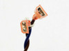Corcom 3ET3 spade terminals closeup – two orange/copper female spade connectors on brown and blue twisted wires