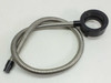Fiber optic ring light illuminator full assembly view from opposite side — black anodized aluminum ring housing and stainless flex cable with input tip at bottom