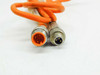 Lumberg cordset M12 3-pole male straight connector (left, orange) and M8 3-pole male straight connector (right) close-up view