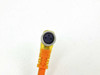 Close-up of M8 3-pole female 90-degree angled connector end on Lumberg RST3-RKMWV/LEDA3-90/1.5 cordset showing socket contacts