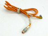 Lumberg RST3-RKMWV/LEDA3-90/1.5 double-ended M12 to M8 orange sensor cordset, full cable view showing straight M12 connector and 90-degree M8 angled end