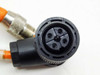 Lumberg RST 5-56/2 close-up of 7/8" 4-pin female 90-degree connector face with pin layout and M12 male connector visible
