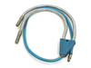 Fiber optic microscope dual split light guide — full assembly view showing blue vinyl main trunk, split into two stainless armored gooseneck arms with metal tip connectors, and a blue aluminum splitter block at the input end