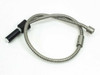 Fiber optic microscope light source flex cable 27 inches long with chrome armored sheath, black rubber input tip on left and threaded chrome output tip on right — full length view