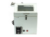 HDPE spin coating chamber front-left view showing Minarik Drives C1XP controller with speed knob, power-on indicator, black and red push buttons