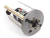 Headway Research PWM32-PS-CB15 spinner partially disassembled – motor assembly with shaft end visible, aluminum standoff tubes showing staining, and multi-pin connector at base