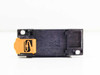 Bottom view of Omron relay socket base showing DIN rail mounting slot, orange release latch, and date code stamp