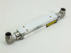 King Instrument 7511315B03 rotameter reverse side view showing aluminum body backing, warning label, and stainless elbow fittings