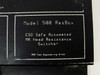 AMG Test Engineering 500 ResBox – close-up of front panel label showing Model 500 ResBox, ESD Safe Automated MR Head Resistance Switcher, AMG Test Engineering Group